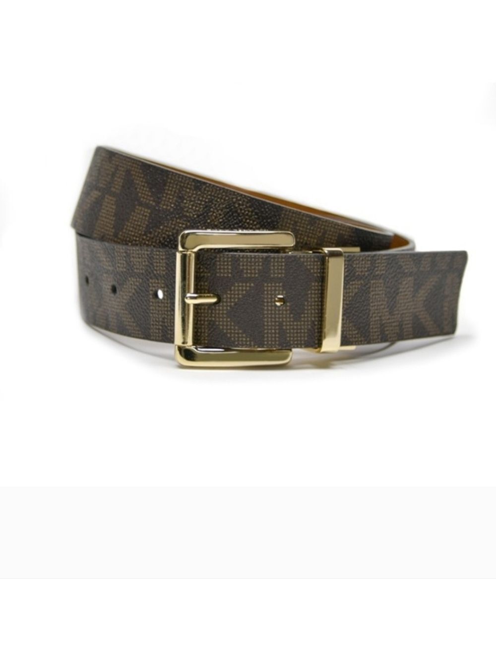 Michael Kors Womens Reversible Logo/ Brown Golden Buckle Belt 33 34 35